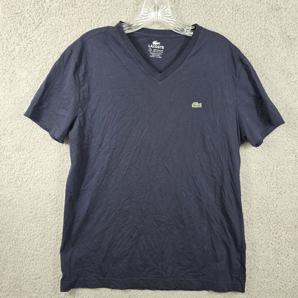 Men's Lacoste Navy Blue Short Sleeve Pima Cotton V-Neck Jersey T-Shirt Size 5